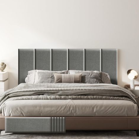 VERCART Lot de 6 panneaux muraux rembourrés autocollants en lin - Tête de lit 3D insonorisée avec mousse - Pour chambre à coucher, salon, bureau - Gris - 90 x 30 cm (1/5)