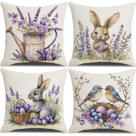 Housses de coussin de Pâques à motifs de lapins aquarelle — 45 x 45 cm, lot de 4 — Housses de coussin en lin — Housses décoratives pour canapé (1/5)