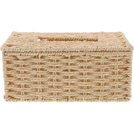 Caja de papel tejido beige – soporte rústico natural para coche, oficina, salón, tamaño mediano compacto.