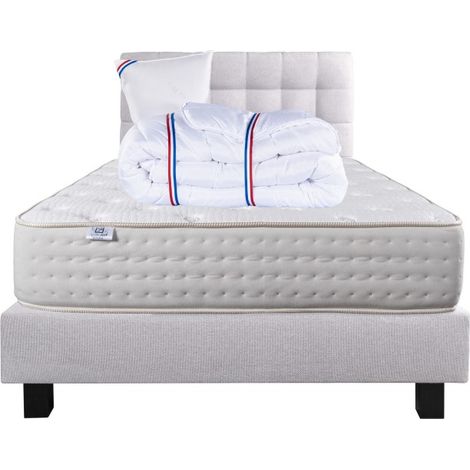 Ensemble Matelas Purlux, 26 cm, mousses haute densité, ferme, face été/hiver+sommier gris ep20cm+oreiller+couette+Tête de Lit, 90x190cm (1/5)