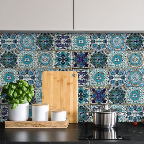 Lot de 12 stickers pour carrelage 3D style vintage dimensions 15 x 15 cm autocollants muraux pour cuisine et salle de bain (1/5)