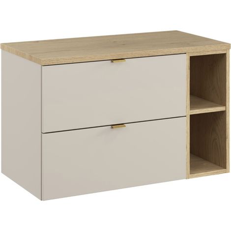 Meuble sous vasque suspendu DALIA Cachemire avec extension ouverte et plan Chêne naturel 80 cm-Largeur 80 cm (1/5)