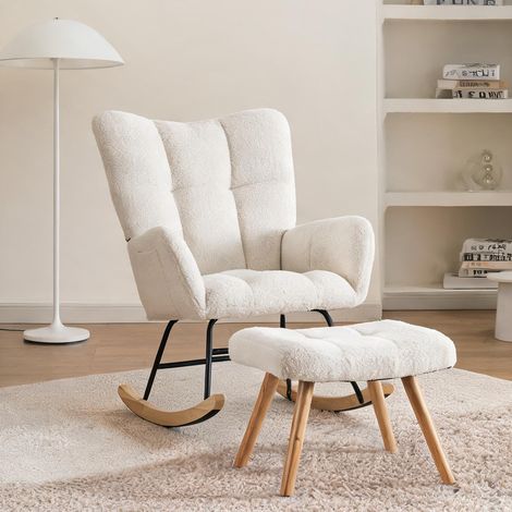Fauteuil à bascule blanc en boucle avec pouf inclus (1/5)