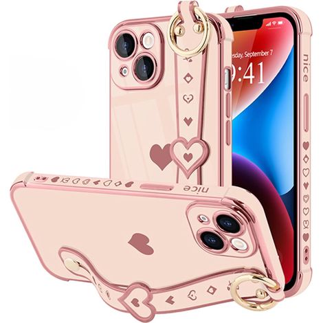 Custodia per iPhone 15 Pro Max con cinturino da polso, design a cuore, supporto integrato e 2 pellicole protettive per lo schermo incluse - Nera (1/2)