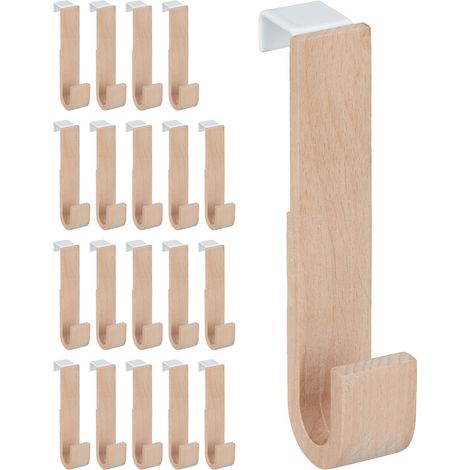 Ganchos Puerta Set 20 Madera y Hierro, Chaquetas, Toallas, Colgadores Pasillo, 13x2,5x6 cm, Blanco y Natural (1/5)