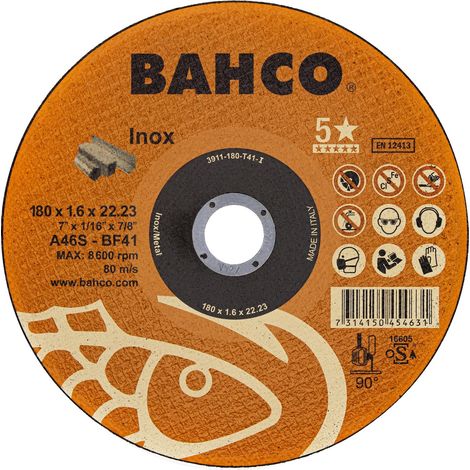 Bahco – Disque à tronçonner pour meuleuse 180mm – Acier inoxydable – Épaisseur 1,6mm – Alésage 22,23mm – Lot de 5 disques haute performance - 3911-180-T41-I
