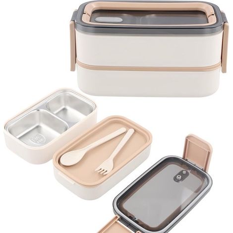 Portapranzo per adulti e bambini, bento box in acciaio inox, a doppia parete con divisori, senza BPA, ecologico acciaio inox 304 per bambini e (1/5)