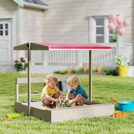 Bac à sable en bois avec toit ajustable et jouets de cuisine, pour enfants de 3 à 7 ans, 114 x 110 x 110 cm, gris