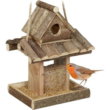 Vogelfutterhaus, Holzunterstand, Hängendes Vogelhaus, Nistkasten, Garten, H x B x T 25 x 17,5 x 16 cm, Natur