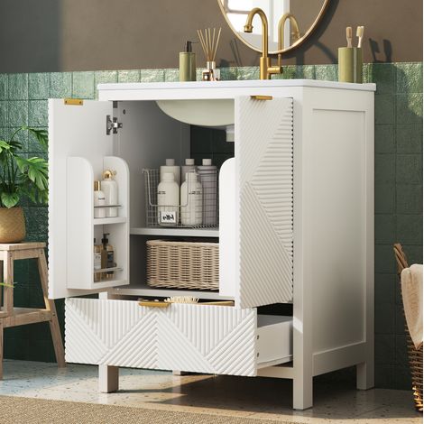 Mobile bagno da terra 61 cm con lavabo in ceramica bianco, OKMYHOME (1/5)