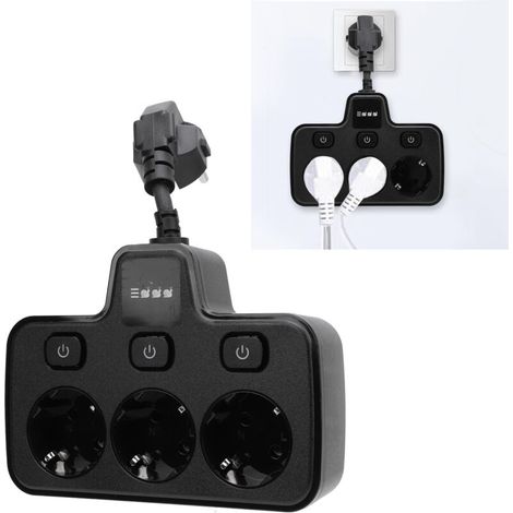 JSSEVN-Adaptador de corriente de 3 tomas con interruptores independientes - Multi-Socket PC ignífugo - 3250W Negro 14,8x10,8cm (1/5)
