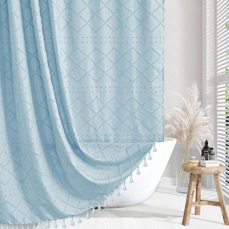 Tenda da doccia bohémien in tessuto blu intrecciato con nappe, 183 x 198 cm, stile country moderno e minimalista, motivo a spina di pesce, blu (1/5)