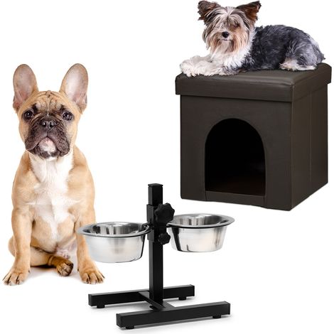 2 tlg Set Home Sweet Hund Deluxe M, Hundebox braun, Sitzhocker mit Tierhöhle, Doppelnapf höhenverstellbar, Futterstation (1/5)