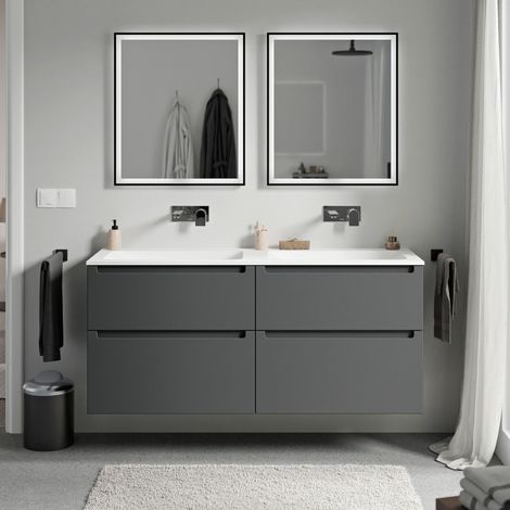 Unterschrank Bernstein VIREO 140cm mit Mineralguss Waschbecken CREAM Badmöbel: Anthrazit matt, Waschbecken: Weiß matt ohne Hahnloch