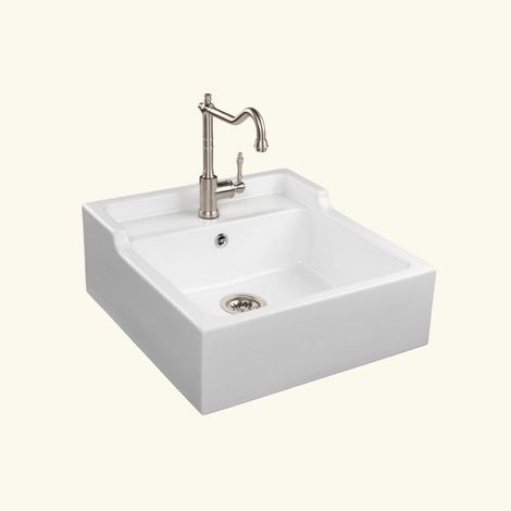 Cuisissimo – Évier timbre d'office céramique blanc 63x59,6 cm – 1 bac sans égouttoir – Vidage manuel – Bonde et siphon inclus (1/4)