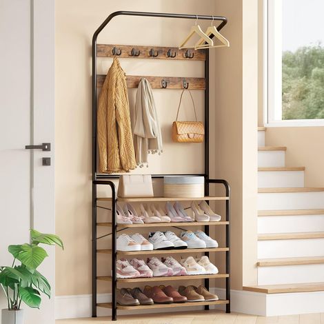 Meuble d'Entrée, Porte-Manteau avec Porte-Chaussures, 5 Niveaux de Rangement, 9 Crochets, 1 Barre, 30 x 78,5 x 195 cm, Autonome pour Couloir, Séjour, Chambre, Marron et Noir (1/5)