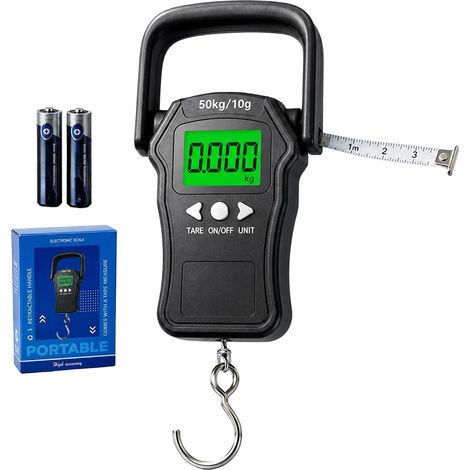 Peson Électronique 50 kg, Pèse-Bagage avec Mètre Ruban Intégré env. 1 m, Écran LCD Rétroéclairé, Crochet Métal, Balance Valise et Colis Portable, Noir (1/5)