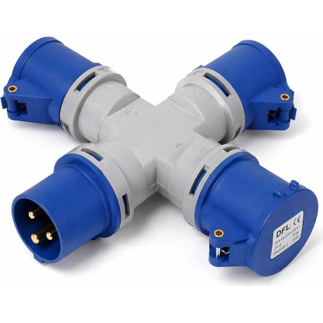 Electraline adaptateur industriel professionnel triple bleu 3 voies avec couvercle et fiche 3 broches 16A IP44