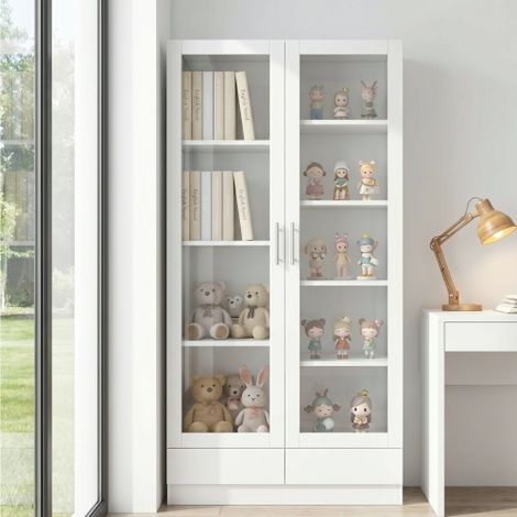 Vitrine blanche 80x40x160 cm, portes en verre trempé, 2 tiroirs, étagères décalées 4+5, anti-basculement, meuble rangement (1/5)