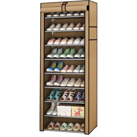 10 Tier Shoes Rack Storage Cabinet Dustproof Shoes Cabinet Storage Organiser Shoe Rack Stand Holds 27 Pairs (Coffee) (1/5)