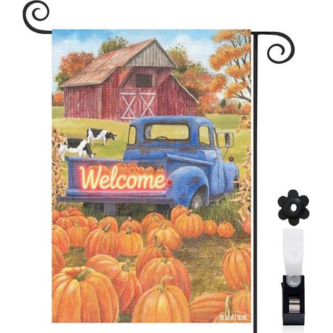 Drapeau de jardin automne 30 x 45 cm motif récolte ferme et citrouilles toile double face résistante intempéries (1/5)