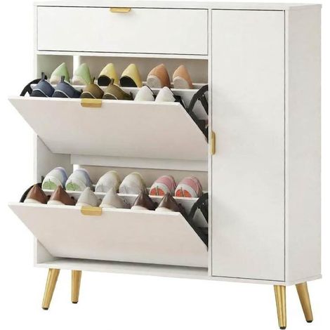 Weißer Schuhschrank mit 2 Klappen, 4 Fächern und Seitenfach, 8–12 Paare (1/5)