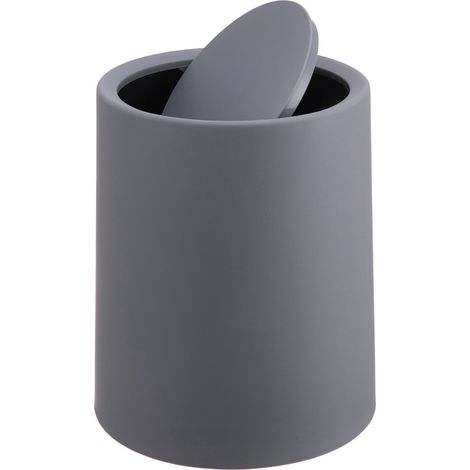 Relaxdays Papelera cosmética, 6 l, tapa abatible, cubo interior, plástico mate, redonda para baño, gris oscuro (1/5)