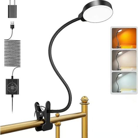 Lampe de chevet à pince Glocusent 5W, lampe de bureau USB 36 LED, lampe à pince respectueuse des yeux, 3 couleurs et 5 niveaux de luminosité, lampe de chevet avec col de cygne, Pe (1/5)