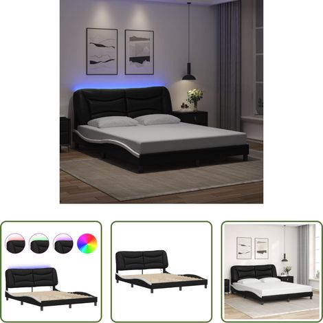 vidaXL Coussin de tête de lit - Cadre de lit avec LED sans matelas Hvar noir et blanc 160x200 cm (1/5)