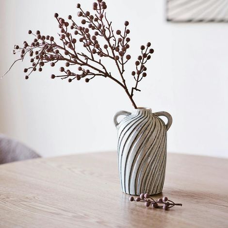 Vase déco beige bleu en céramique à petites anses