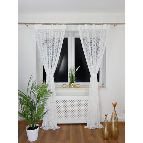 Tenda pronta all'uso in marquisette 135x250 cm - ricamo 3D, nastro arricciato, nastro a bozzolo, bianco (1/5)