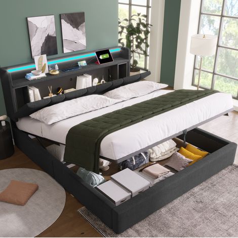 Cama doble 140x200 cm gris de lino con almacenaje, LED RGBW y puertos USB (1/5)