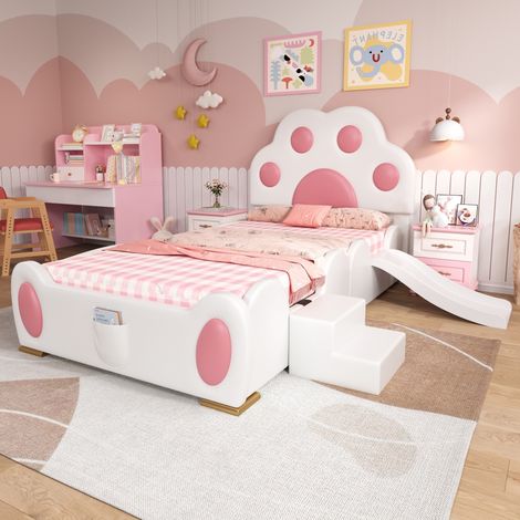 DESVIAE Lit enfant rembourré avec toboggan échelle à deux marches tête de lit patte de chat poche de rangement PU rose et blanc 90 x 200 cm (1/5)