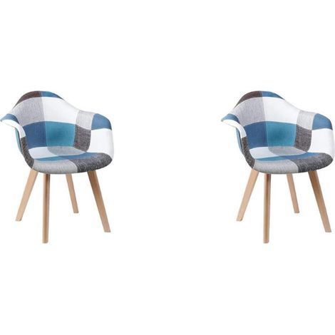2er Set Esszimmerstühle Patchwork Blau mit Armlehnen und Holzbeinen (1/5)