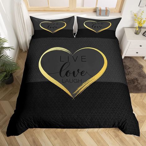 Housse De Couette Moderne 200x200cm Amour Parure De Lit Noir Or Coeur Lettres Imprimer Ensemble Housse Couette pour Filles Garçons Couples Chambre Décor Amoureux Simple 3 Pcs - 200x200cm (1/5)