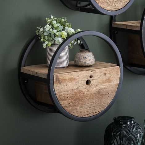 M&S – Étagère murale ronde 40x25x40 cm en bois recyclé et métal gris foncé – Design vintage industriel – Livrée montée