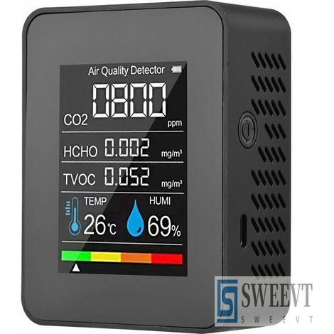Moniteur de qualité de l'air Détecteur de CO2 d'intérieur 5 en 1 Testeur de formaldéhyde HCHO TVOC Testeur LCD de température et d'humidité Compteur d'alarme CO2 rechargeable pour chambre Bureau Serre (1/5)