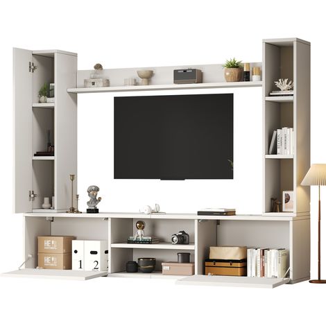 TV-Wohnwand mit 3 Türen, 2 halb offenen Schubladen und Regalen, für Wohnzimmer, aus Spanplatte, 180×35×33.5 cm, Weiß (1/5)