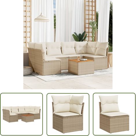 The Living Store 7-tlg. Garten-Sofagarnitur mit Kissen Beige Poly Rattan - Gartenmöbel Set - PE-Rattan Möbel - Outdoor Sofa - Lounge Set - Esstisch (1/5)