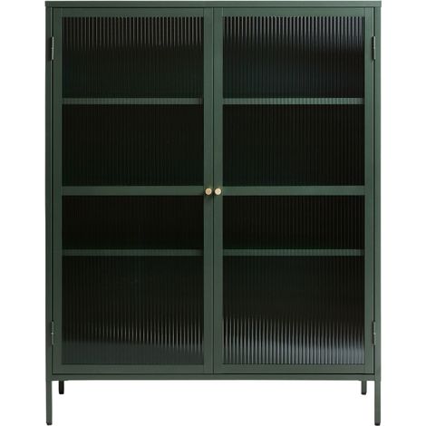 Vaisselier 2 portes en verre strié et métal H140cm - Vert foncé - BJORN