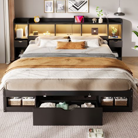 Cama plataforma adulta 180x200 cm con LED y almacenamiento, 3 cajones, estructura estable, MDF y contrachapado negro (1/5)