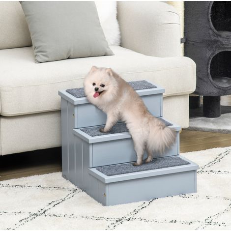 Scala per animali domestici a 3 gradini con moquette e vano contenitore grigio (1/5)