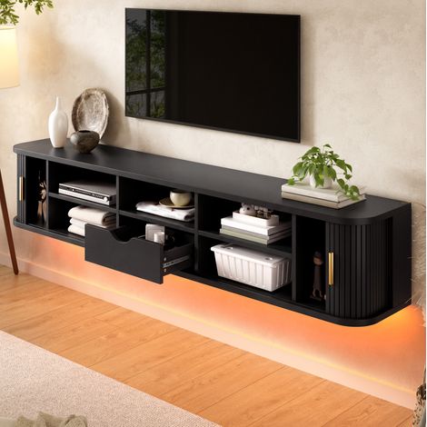 Mueble de TV de pared HAVRYA de 175 cm, MDF, puertas correderas y luz LED, negro (1/5)