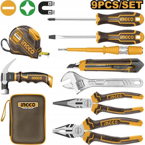 Kit di utensili manuali INGCO HKTH20809 da 9 pezzi con metro a nastro da 3 m e custodia in tessuto