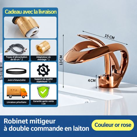 Robinet mitigeur de lavabo cascade en cuivre or rose salle de bain lavabo vasque eau chaude et froide cartouche céramique raccord 1/2 embase 25 mm – Livraison gratuite