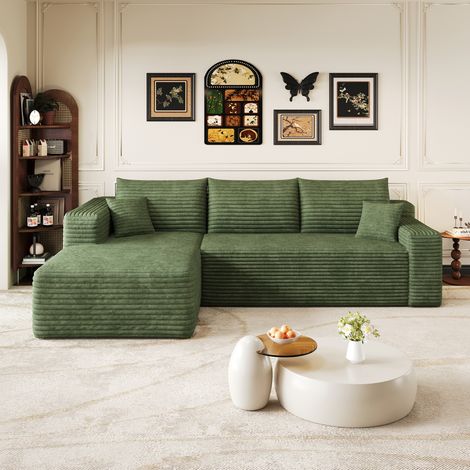 Canapé d’angle en L 3 places 241x151x58 cm style nuage, design moderne minimaliste, assise profonde pour salon, sans montage, tissu, Vert (1/5)