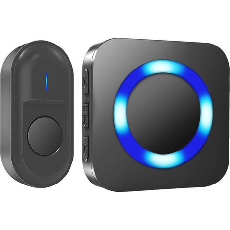 Sonnette sans Fil, 400M Longue Portée Carillon et Sonnettes Electronique Kit avec 1 Récepteurs Exterieur Enfichables, 55 Mélodies au 5 Niveaux Volumes pour Maison, Indicateur LED Bleu, Noir