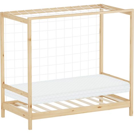 ML-Design Cama Infantil 80 x 160 cm en Forma de Portería de Fútbol Balonmano + Colchón 10cm Madera de Pino Natural, Cuna Individual para Niño con Somier de Láminas y Red Litera Maciza Juvenil de Juego