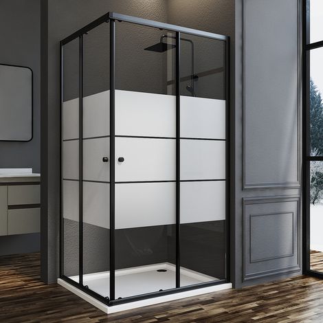 Duschkabine Schwarz 75x75cm Eckeinstieg Schiebetüren Eckeinstieg Duschabtrennung Doppel Schiebetür, 6mm ESG Glas mit weißen Querstreifen-Dekor, Duschwand Höhe 185cm