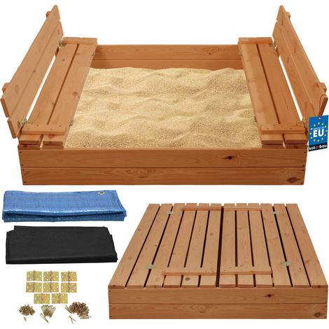 KOTARBAU® Bac à Sable Enfant Extérieur Bois 120x120 cm Marron avec Couvercle et Bancs Bac à Sable Refermable Imprégné Avec Tissu Anti-Mauvaises Herbes